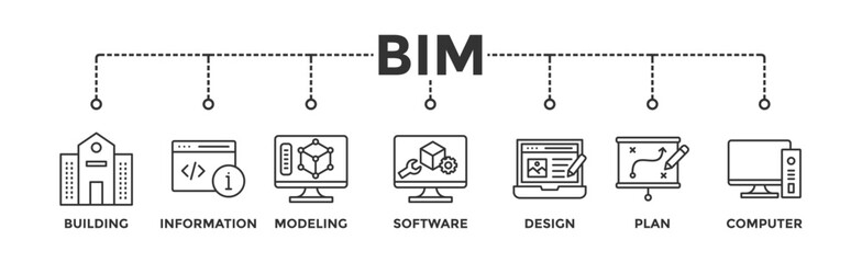 BIM banner web icon vector illustration concept for building information modeling with icon of building, information, modeling, software, design, plan, and computer