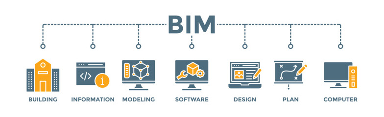 BIM banner web icon vector illustration concept for building information modeling with icon of building, information, modeling, software, design, plan, and computer