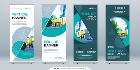 Wall Mural - Roll Up banner stand presentation concept. Corporate business roll up template background. Vertical template billboard, banner stand or flag design layout. Poster for conference, forum, shop