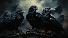 Two Black Birds, Evil Ravens Or Crows, Sitting On A Branch In Front Of A Forest.