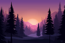 Stunning Sunset In The Winter Forest. Beautiful Landscape Of A Winter Forest Against The Backdrop Of Mountains And A Dark Pink, Purple Sunset With Silhouettes Of Trees. Design For Christmas.