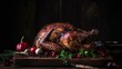 Turkey on wooden brown maroon background, Goosepunk, Roast Goose Chicken with crispy skin, vegetable stuffing, Beef herbs, apple, rosemary for Thanksgiving, Christmas Winter Feast roasted poultry meat