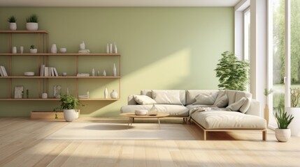 Classic wall background, interior decoration, light parquet, potted plants, white sofa, large shelf