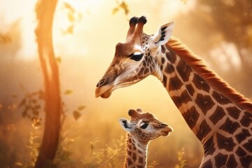 Wall Mural - A picture of two giraffes standing next to each other in a field. This image can be used to depict wildlife, animal companionship, or nature conservation