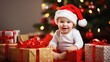 © sambath - Baby's first christmas living room. baby with santa hat smiling. holiday christmas decoration. beautiful christmas tree with fireplace. presents and lights