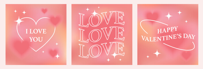 Wall Mural - valentine day postcards, square cards with blurred background, heart shapes, frames, text and blink 