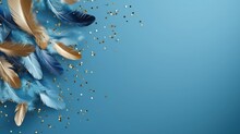 Feathers On Blue Background With Golden Confetti. 3d Rendering