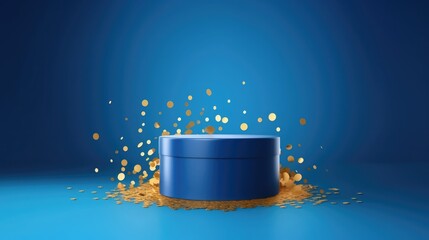 Blue gradient background, blue round box exploding with gold confetti, high quality AI Generative