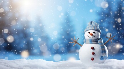  Winter Wonderland Christmas Background: Snowman, Bokeh and Festive Greeting Card with Copy-Space, Beautiful Blue Calm Celebration