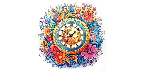 Wall Mural - children's coloring book sketch of a wall clock.Generative Ai content