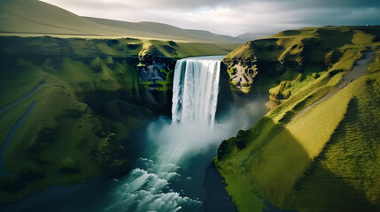 Iceland waterfall Skogafoss in Icelandic nature landscape. Famous tourist attractions and landmarks destination in Icelandic nature landscape on South Iceland. Aerial drone view of top. Generative AI.