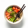 poke bowl with salmon isolated on white background. top view