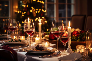 Cozy holiday dinner table setting with glasses of wine, plates, candles, and a Christmas tree in the background. Merry Xmas concept