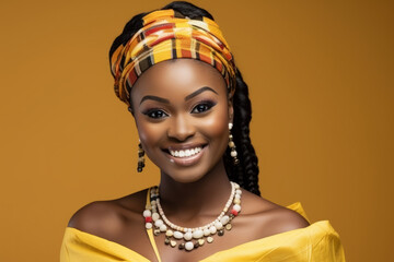 Poster - Beautiful African American woman with necklace and earrings on dark background