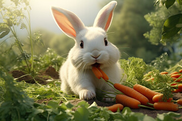 bunny rabbit eating carrots on grass