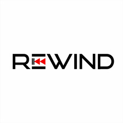 Rewind text logo design with the symbol on the letter E.