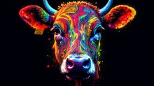 Psychedelic Portrait Art Of A Cow Black Background.Generative AI