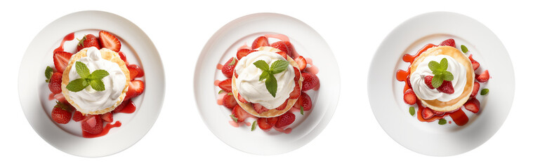 Wall Mural - Top view set of delicious strawberry shortcake dessert served on white plate, cut out - stock png.