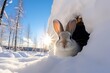 Hase am Eingang vom Hasenbau. Hase oder Karnickel im Schnee im Winter. Verschneite Winterlandschaft mit Hasenhöhle zur kalten Jahreszeit.