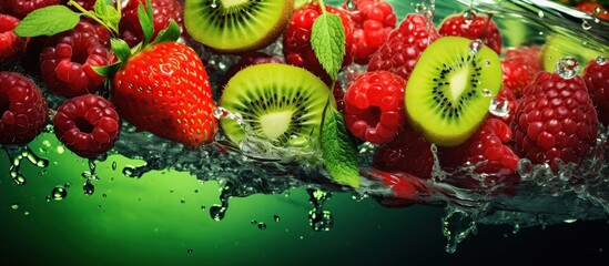 Wall Mural - Closeup healthy fruits vitamin strawberry, kiwi and grape on splash water dark background