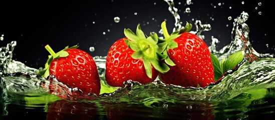 Wall Mural - Closeup healthy fruits vitamin strawberry, kiwi and grape on splash water dark background