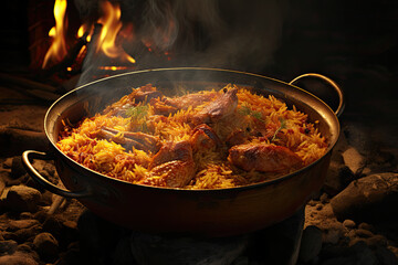 Poster - chicken biryani in a pan. indian meat biryani in traditional pot