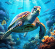 Sea Turtle surrounded by Coral Life underwater