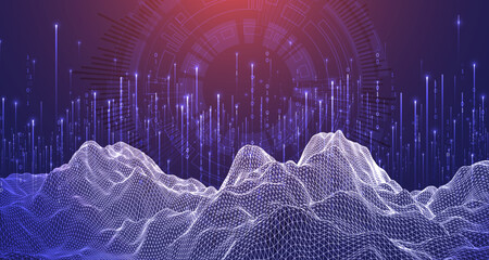 Big Data. Abstract digital futuristic wireframe vector illustration on technology background. Data mining and management concept. Hand drawn art.