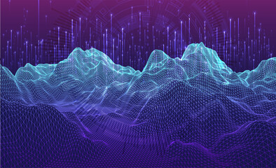 Big Data. Abstract digital futuristic wireframe vector illustration on technology background. Data mining and management concept. Hand drawn art.