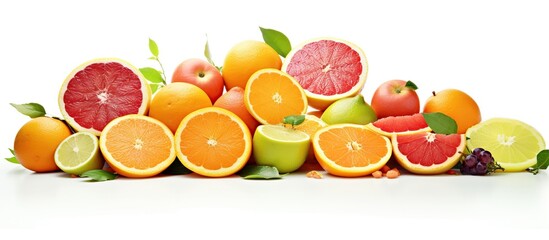 Wall Mural - Group fresh cut pieces of different citrus fruits isolated on white background