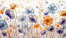 Watercolor Seamless Pattern Of Small Purple, Orange And Blue Flowers