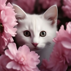  a white kitten peeks out from pink flowers.
