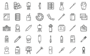 Wall Mural - Painting studio icons set outline vector. Painter cloth artwork. Person palette