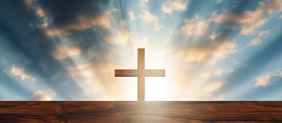 Poster - Christian concept depicted by a wooden cross against a sky Copy space image Place for adding text or design