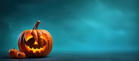 Poster - Blue background with a creative Halloween concept and kids pumpkin craft Copy space image Place for adding text or design