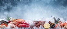 Assorted Fresh Seafood Including Lobster Salmon And Various Shellfish Displayed On Ice In A Seafood Market Copy Space Image Place For Adding Text Or Design