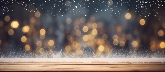 Wall Mural - christmas themed wood table with snowy background and bokeh lights suitable for product display or m
