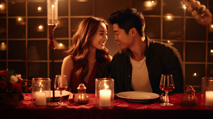 A young Asian couple smiling to each other, hugging and having a  romantiс dinner, celebrating Valentine’s Day, drinking wine,  dinner with candles in restaurant, smiling man and woman in love