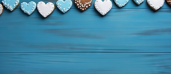 Aufkleber - Decorative heart shaped cookies on a blue wooden table for Valentine s Day Copy space image Place for adding text or design