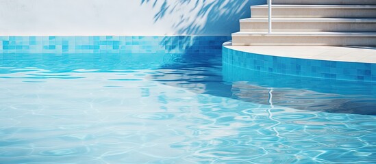 Poster - Curved stairs lead to a pool with blue water Copy space image Place for adding text or design