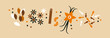 Spices collection. Abstract horizontal banner with spices. Cardamom, brown anise flower, cinnamon, vanilla, cloves, pepper. Spices for baking or making a drink. Cooking and mulled wine ingredients.