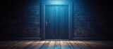 Fototapeta  - Creative background blue wooden door in a box transitioning to new climate climate change concept magical portal blank space Copy space image Place for adding text or design