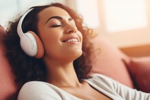 Peaceful Young Woman Listening to Her Favorite Song on Cozy Couch During Lazy Weekend at Home
