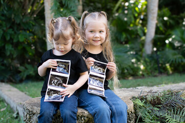 Pregnancy announcement by siblings. Social media pregnancy announcement. Big sister. The third child in a family. Two kids holding a sonogram of a new baby 