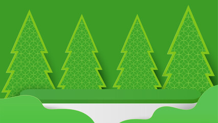 Wall Mural - Podium platform and christmas tree on green background. Platform to show product for christmas. Happy new year. Merry Christmas banner