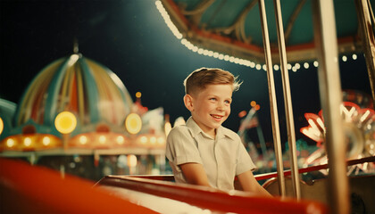 Little boy having fun at a amusement park in the 60s,70s or 80s. Vintage photograph. Happy child on vacation with family on a fair