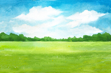 Hand drawn watercolor landscape with blue sky with white clouds, green field grass, sunlight and distant trees