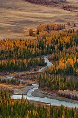 Canvas Print - Russia, Gorny Altai. View from the mountain pass to the autumn Chuya River along the Chuya tract in the area of the North Chuya mountain range.