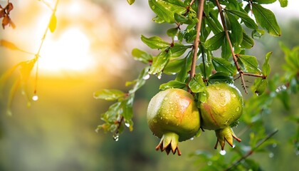 Poster - Fruits of unripe green pomegranate in leaves on branches