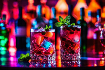 Wall Mural - Refreshing alcoholic colorful fruit cocktails with ice, mint and berries on a bar counter, night club party with soft drinks